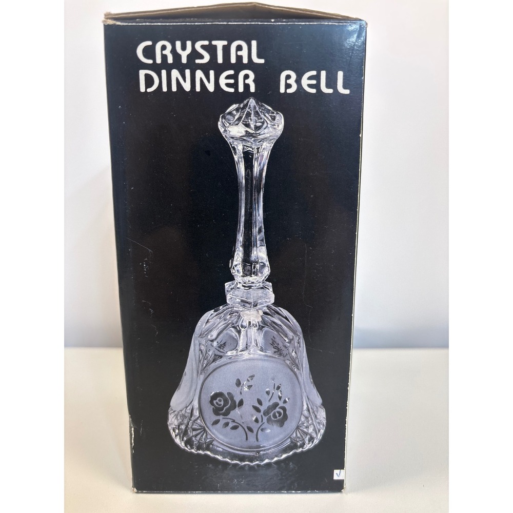 Vintage Crystal Dinner Bell Etched Rose Frosted Glass Faceted Handle with Box